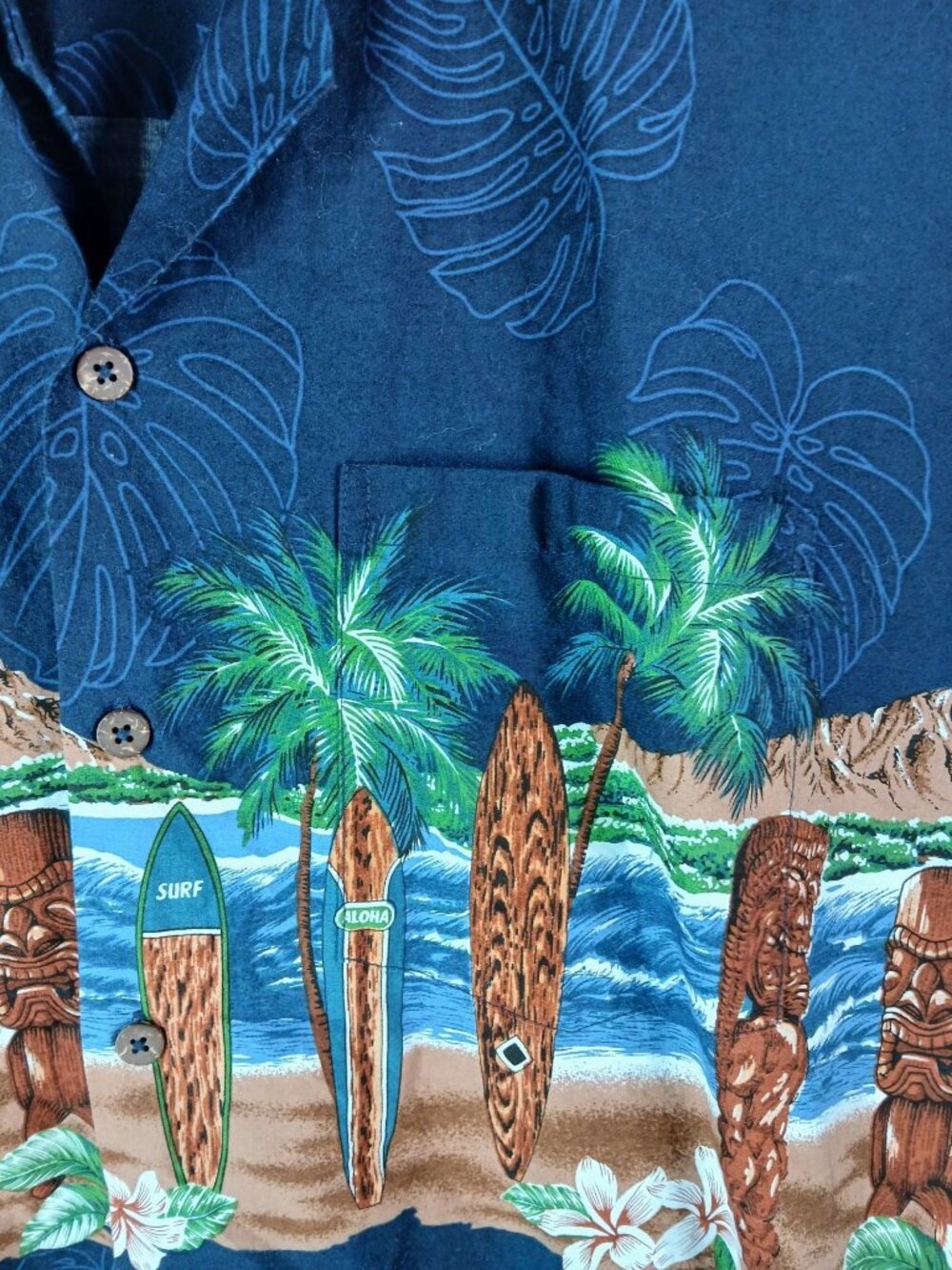 Favant Hawaiian Shirt XL Surfboard Tiki Aloha Print Navy Button-Up 100% Cotton - Picture 3 of 15
